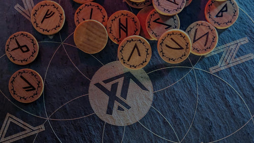Set of Elder Futhark runes on a dark surface with True North Runes logo